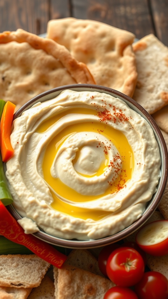 Creamy garlic hummus in a bowl with olive oil and paprika, served with pita bread and vegetable sticks.